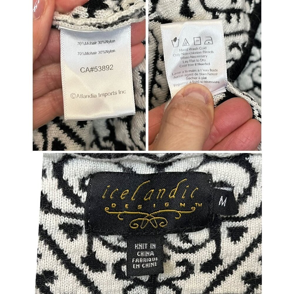Icelandic Design Black White Jacquard Knit Cardigan Coat Medium Wool Blend - Picture 6 of 10